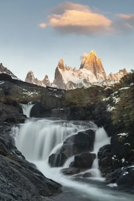 Framed Print : Secret waterfall and Fitz Roy at sunrise, El Chalten, Santa Cruz province, Argentina Framed Print : Secret waterfall and Fitz Roy at sunrise, El Chalten, Santa Cruz province, Argentina