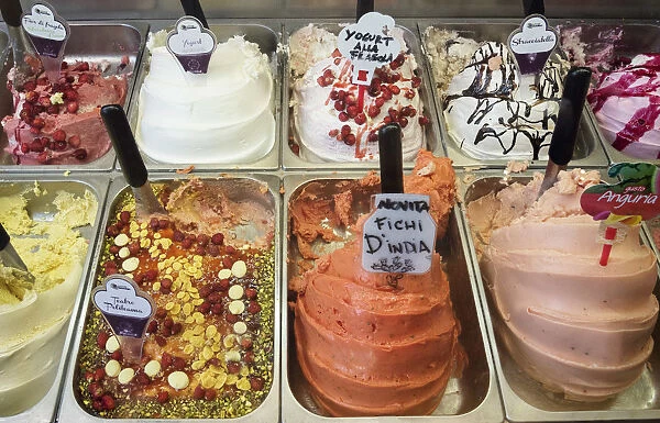 Selection of ice cream at a Sicilian ice cream parlour, Palermo, Sicily, Italy, Europe