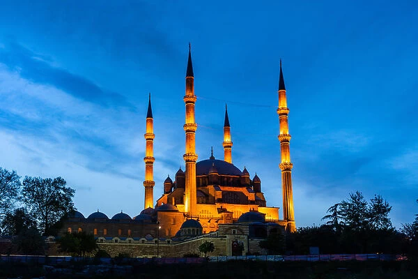 Selimiye mosque minarets in the city center at dusk. Edirne, Tracia region, Turkey