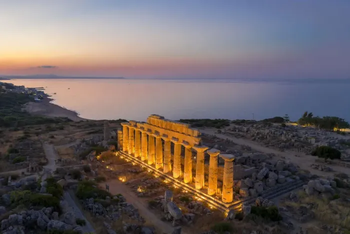 Framed Print : Selinunte, Sicily. Aerial view of the Greek temple at sunrise