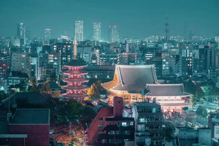 Framed Print : Senso-Ji temple, Asakusa, Tokyo, Kanto region, Japan. High angle view of the Five-Storied Pagoda illuminated at dusk Framed Print : Senso-Ji temple, Asakusa, Tokyo, Kanto region, Japan. High angle view of the Five-Storied Pagoda illuminated at dusk