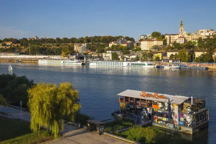 Framed Print : Serbia, Belgrade, Floating bar and nightclub on Sava River across to St Framed Print : Serbia, Belgrade, Floating bar and nightclub on Sava River across to St