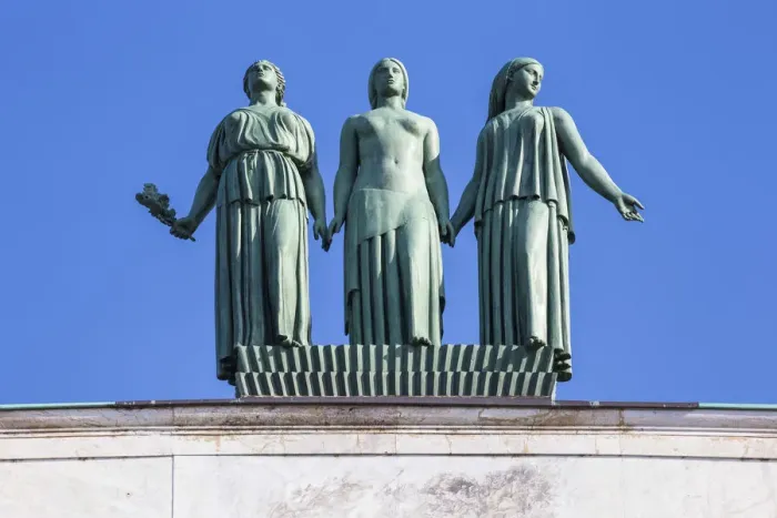 Framed Print : Serbia, Belgrade, Stari Grad - the Old Town, Three statues on top of The French Embassy