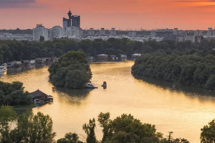 Framed Print : Serbia, Belgrade, View across the confluence of the Sava and Danube rivers, to New Framed Print : Serbia, Belgrade, View across the confluence of the Sava and Danube rivers, to New