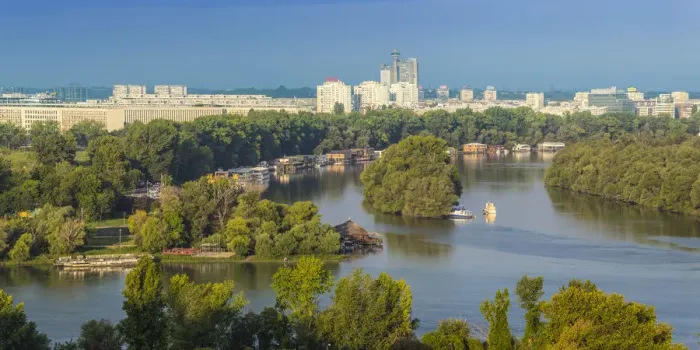 Framed Print : Serbia, Belgrade, View across the confluence of the Sava and Danube rivers, to New Framed Print : Serbia, Belgrade, View across the confluence of the Sava and Danube rivers, to New