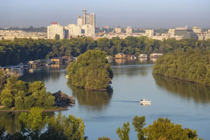 Framed Print : Serbia, Belgrade, View across the confluence of the Sava and Danube rivers, to New Framed Print : Serbia, Belgrade, View across the confluence of the Sava and Danube rivers, to New