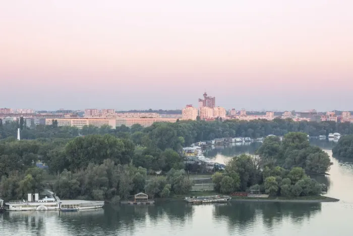 Framed Print : Serbia, Belgrade, View across the confluence of the Sava and Danube rivers, to New Framed Print : Serbia, Belgrade, View across the confluence of the Sava and Danube rivers, to New
