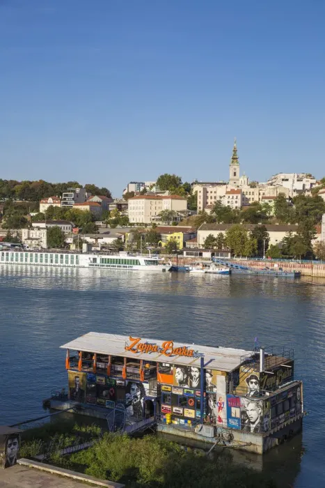 Framed Print : Serbia, Belgrade, View of floating bar and nightclub on Sava River across to St Framed Print : Serbia, Belgrade, View of floating bar and nightclub on Sava River across to St