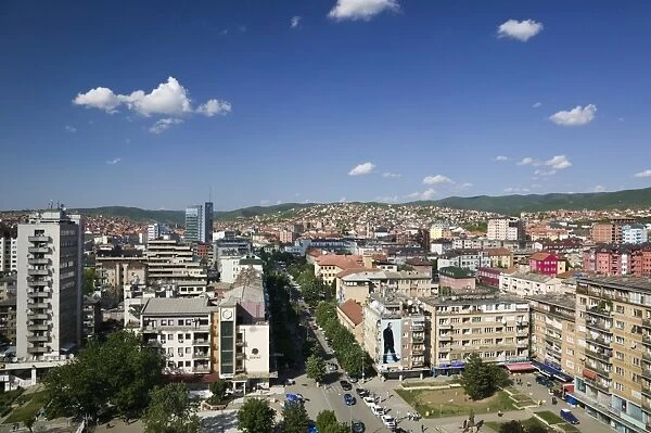 Serbia, Kosovo, Prishtina, Downtown aerial view looking north on Bulevard Mother Teresa