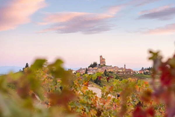 Serralunga d Alba framed by vineyards during autumn sunrise