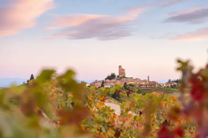 Framed Print : Serralunga d Alba framed by vineyards during autumn sunrise Framed Print : Serralunga d Alba framed by vineyards during autumn sunrise