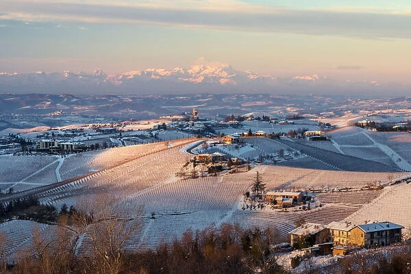 Serralunga d Alba in winter at sunset. Italy, Piedmont, Langhe, Cuneo district