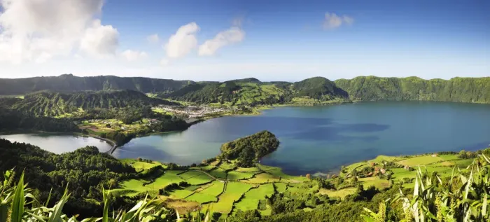 Framed Print : Sete Cidades volcanic lake and village. A big crater with 12 kilometers in perimeter Framed Print : Sete Cidades volcanic lake and village. A big crater with 12 kilometers in perimeter
