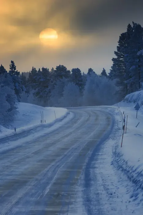 Framed Print : Setting sun photographed along a road near Muonio, Lapland, Finland Framed Print : Setting sun photographed along a road near Muonio, Lapland, Finland