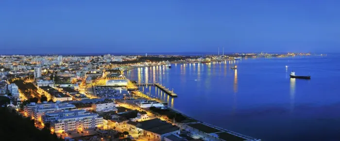 Framed Print : Setubal and the Sado river bay at twilight. Portugal