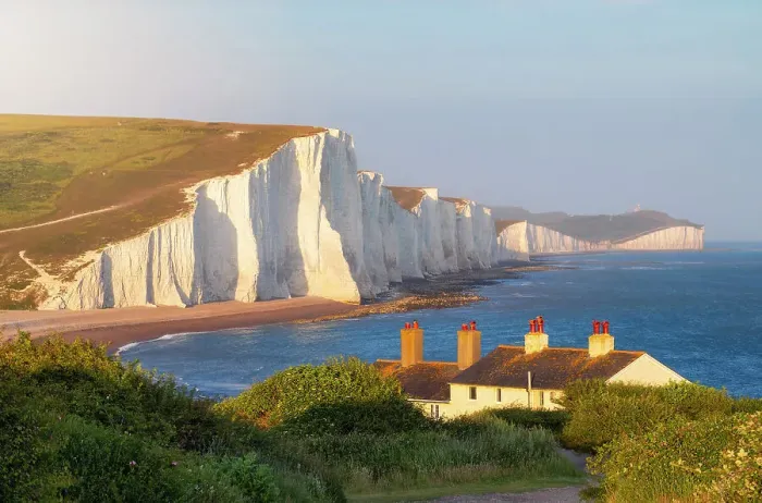 Framed Print : Seven Sisters and Coastguard Cottages at sunset, Sussex, England, United Kingdom