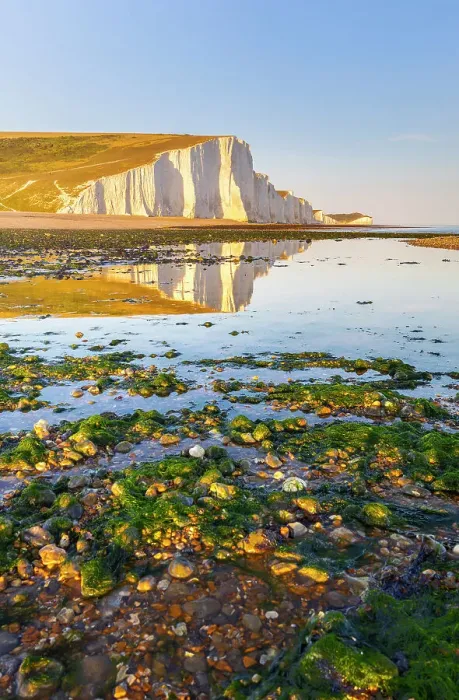 Framed Print : Seven Sisters reflected on Cuckmere Haven beach at sunset, Sussex, England, United Kingdom Framed Print : Seven Sisters reflected on Cuckmere Haven beach at sunset, Sussex, England, United Kingdom