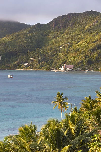 Seychelles, Mahe Island, Anse Royale, Town Church and palms, morning