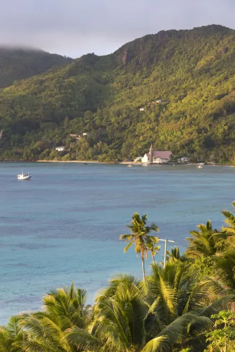 Framed Print : Seychelles, Mahe Island, Anse Royale, Town Church and palms, morning Framed Print : Seychelles, Mahe Island, Anse Royale, Town Church and palms, morning