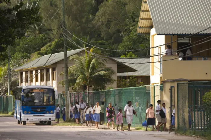 Framed Print : Seychelles, Mahe Island, Anse Royale, start of the school day (NR) Framed Print : Seychelles, Mahe Island, Anse Royale, start of the school day (NR)