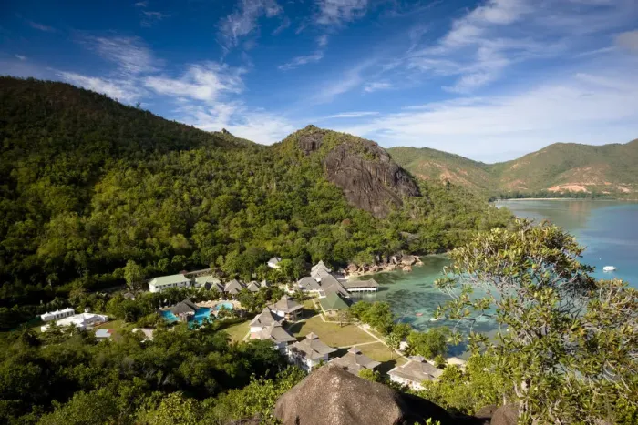Framed Print : Seychelles, Praslin Island, Anse Volbert, La Reserve Hotel overview Framed Print : Seychelles, Praslin Island, Anse Volbert, La Reserve Hotel overview