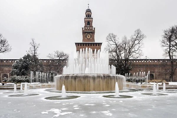 Sforza Castle with snow. Milan, Lombardy, Italy