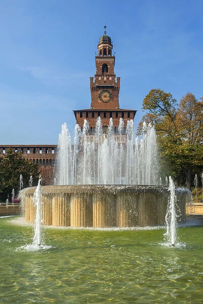 Sforzesco castle and fountain, Milan, Lombardy, Italy