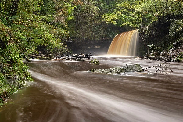 Sgwd Gwladys waterfall near Pontneddfechan, Brecon Beacons National Park, Powys, Wales. Autumn (October) 2021