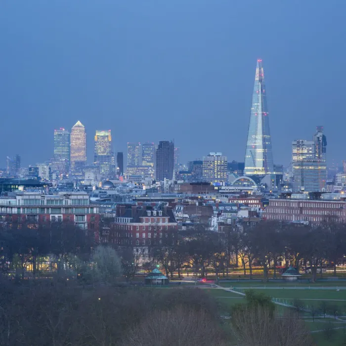 Framed Print : The Shard, Canary Wharf & London Skyline above Hyde Park, London, England, UK