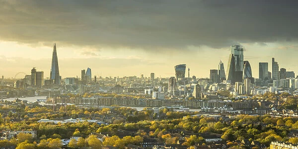The Shard & City of London skyline from Canary Wharf, London, England