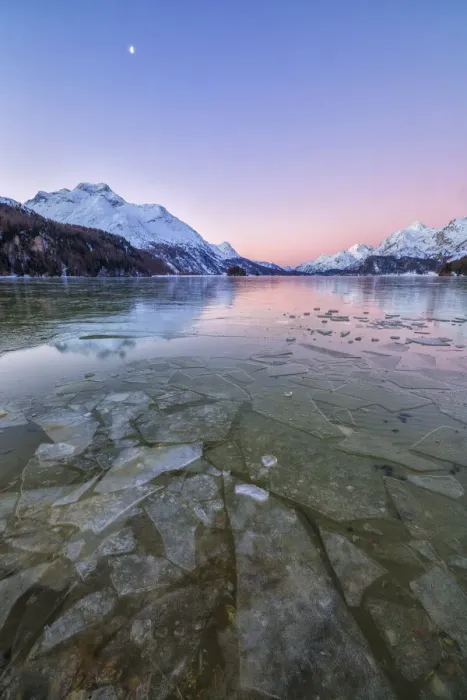 Framed Print : Sheets of ice on the surface of Lake Sils in a cold winter morning at dawn Upper Engadine