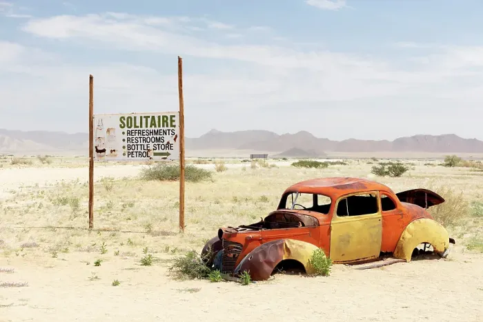 Framed Print : Shell of an old car at the remote settlement of Solitaire, Khomas Region, Namibia