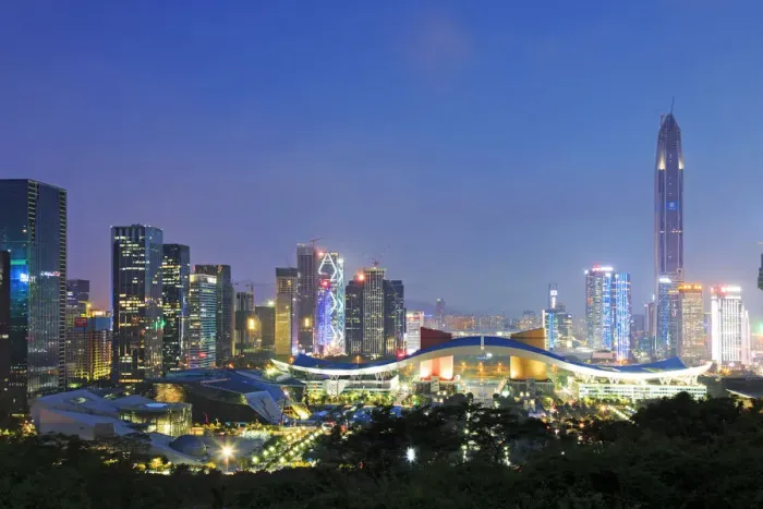Framed Print : Shenzhen cityscape at dusk with the Civic Center and the Ping An IFC on foreground, China Framed Print : Shenzhen cityscape at dusk with the Civic Center and the Ping An IFC on foreground, China
