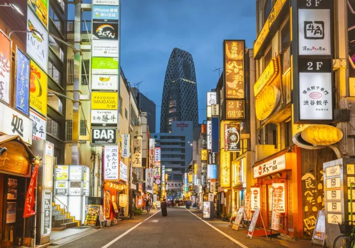 Framed Print : Shinjuku, Tokyo, Kanto region, Japan. Illuminated neon signs at dusk and Cocoon Tower