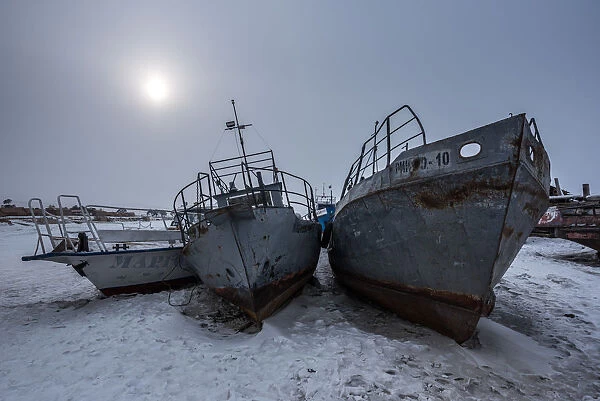 Ships at the port of Khuzhr village, lake Baikal, Khuzhir, Irkutsk region, Siberia
