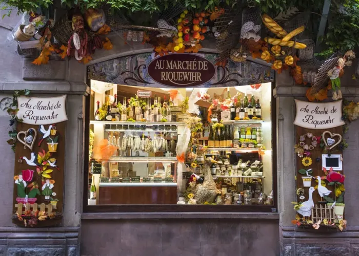 Framed Print : Shop selling local produce in the medieval town of Riquewihr, Alsatian Wine Route, France Framed Print : Shop selling local produce in the medieval town of Riquewihr, Alsatian Wine Route, France