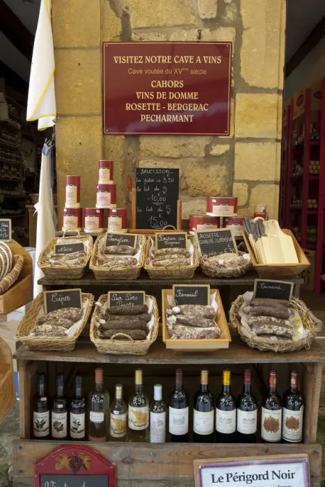 Framed Print : Shop selling sausages and wine, Domme, Dordogne, Aquitaine, France Framed Print : Shop selling sausages and wine, Domme, Dordogne, Aquitaine, France