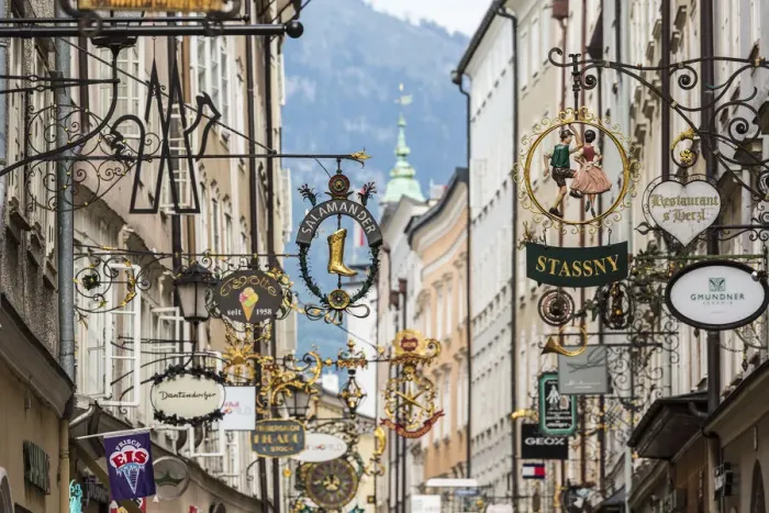 Framed Print : Shop signs, Salzkammergut, Getreidegasse, Salzburg, Austria Framed Print : Shop signs, Salzkammergut, Getreidegasse, Salzburg, Austria