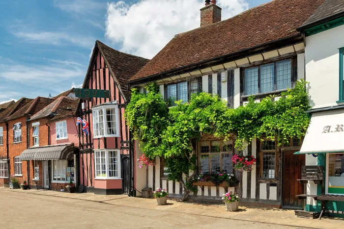 Framed Print : Shops on the Market Square, Lavenham, Suffolk, England Framed Print : Shops on the Market Square, Lavenham, Suffolk, England