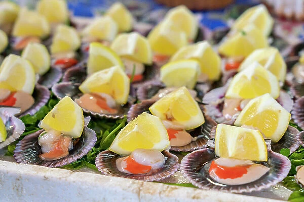 Detail shot of oyster bites for sale at seafood market, Caleta Portales, Valparaiso, Valparaiso Province, Valparaiso Region, Chile