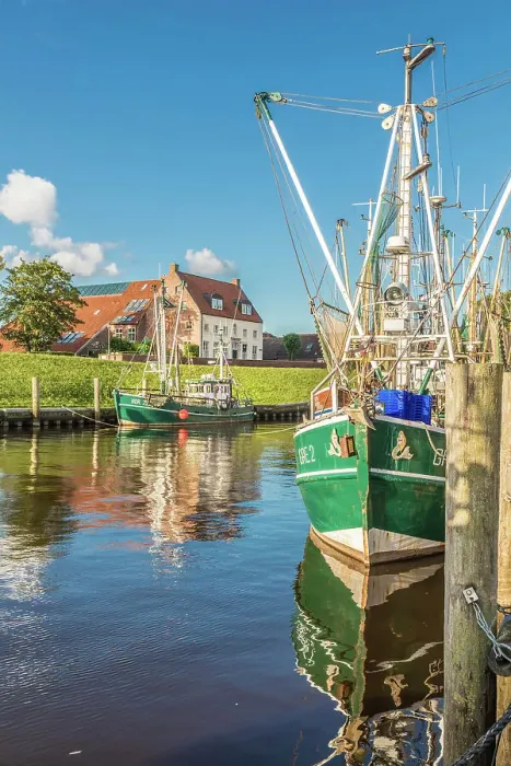 Framed Print : Shrimp boats in the harbor of Greetsiel at sunrise, East Frisia, Lower Saxony, Germany Framed Print : Shrimp boats in the harbor of Greetsiel at sunrise, East Frisia, Lower Saxony, Germany