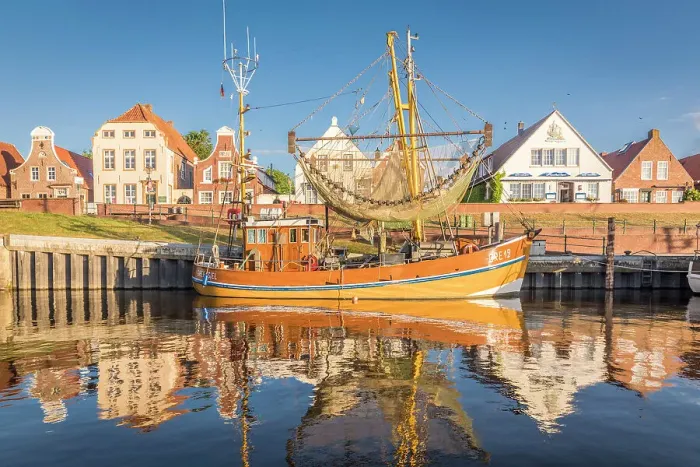 Framed Print : Shrimp boats in the harbor of Greetsiel at sunrise, East Frisia, Lower Saxony, Germany Framed Print : Shrimp boats in the harbor of Greetsiel at sunrise, East Frisia, Lower Saxony, Germany