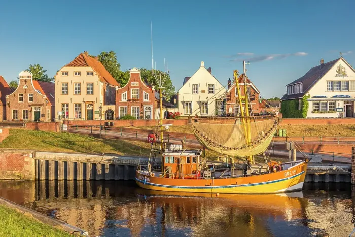 Framed Print : Shrimp boats in the harbor of Greetsiel at sunrise, East Frisia, Lower Saxony, Germany Framed Print : Shrimp boats in the harbor of Greetsiel at sunrise, East Frisia, Lower Saxony, Germany