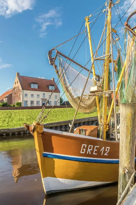 Framed Print : Shrimp boats in the harbor of Greetsiel at sunrise, East Frisia, Lower Saxony, Germany