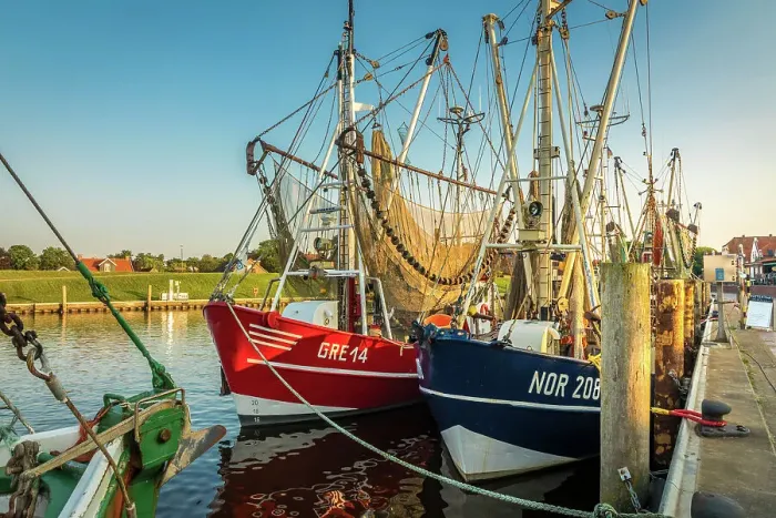 Framed Print : Shrimp boats in the harbor of Greetsiel at sunset, East Frisia, Lower Saxony, Germany