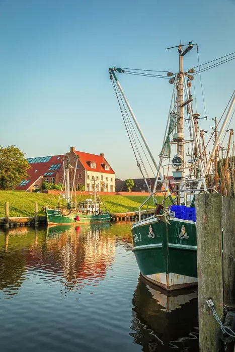 Framed Print : Shrimp boats in the harbor of Greetsiel at sunset, East Frisia, Lower Saxony, Germany Framed Print : Shrimp boats in the harbor of Greetsiel at sunset, East Frisia, Lower Saxony, Germany
