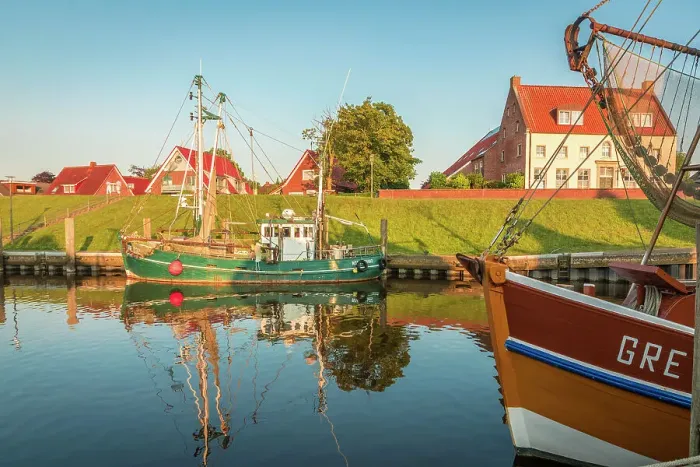 Framed Print : Shrimp boats in the harbor of Greetsiel at sunset, East Frisia, Lower Saxony, Germany