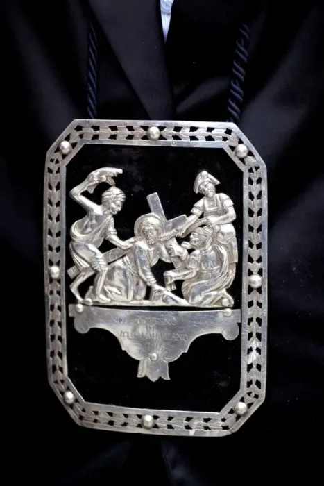 Framed Print : Sicily, Italy, Western Europe; A silver bass relief representing an episode of the Way of the Cross (Via Crucis), as part of the garment during the Misteri procession Framed Print : Sicily, Italy, Western Europe; A silver bass relief representing an episode of the Way of the Cross (Via Crucis), as part of the garment during the Misteri procession
