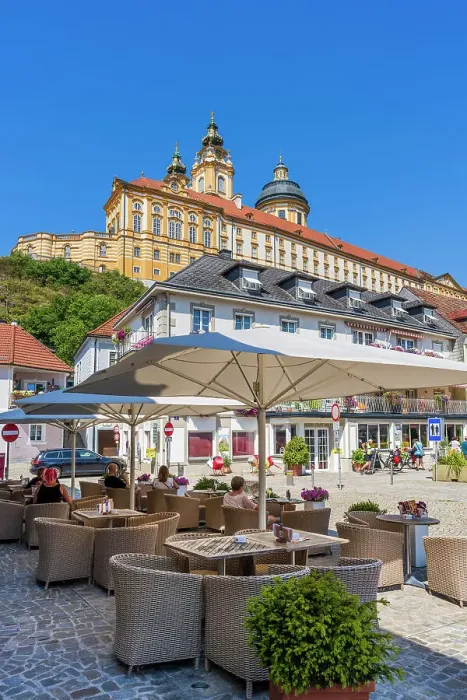Framed Print : Sidewalk cafe, Melk, Lower Austria, Austria Framed Print : Sidewalk cafe, Melk, Lower Austria, Austria