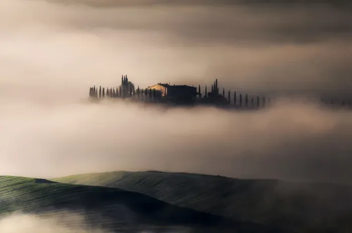 Framed Print : Siena countryside covered with fog during spring, Val d Orcia, Tuscany, Italy Framed Print : Siena countryside covered with fog during spring, Val d Orcia, Tuscany, Italy